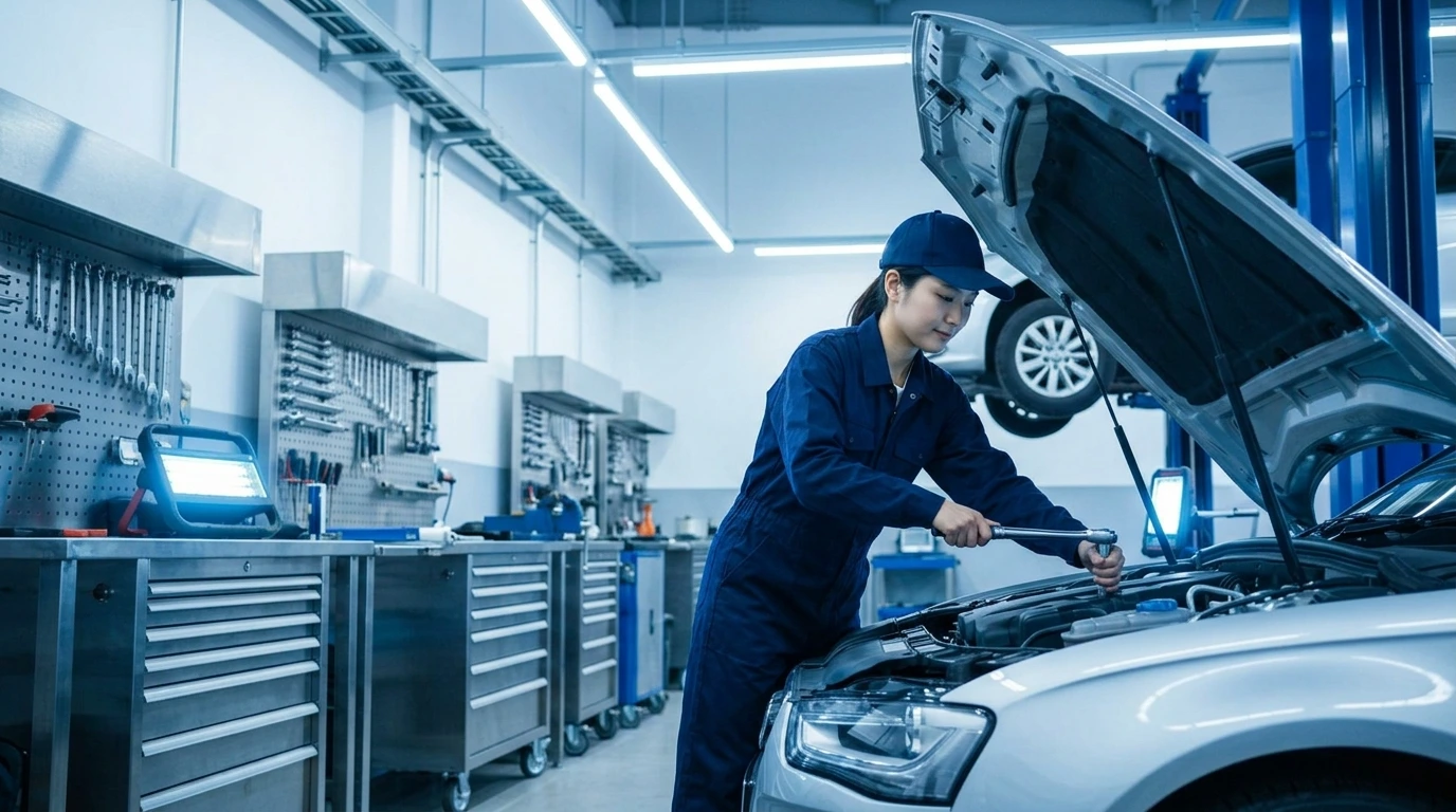 整備士が車のエンジンを整備している様子